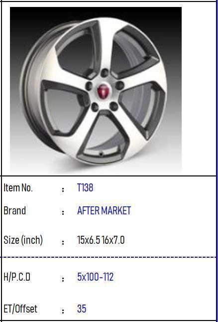 T138 Aluminium Alloy Car Wheel Rim Auto Aftermarket Wheel