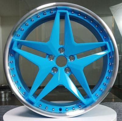 2 Piece Forged T6061 Alloy Rims Sport Aluminum Wheels for Customized Mag Rims Alloy Wheels with Blue Machined Lip