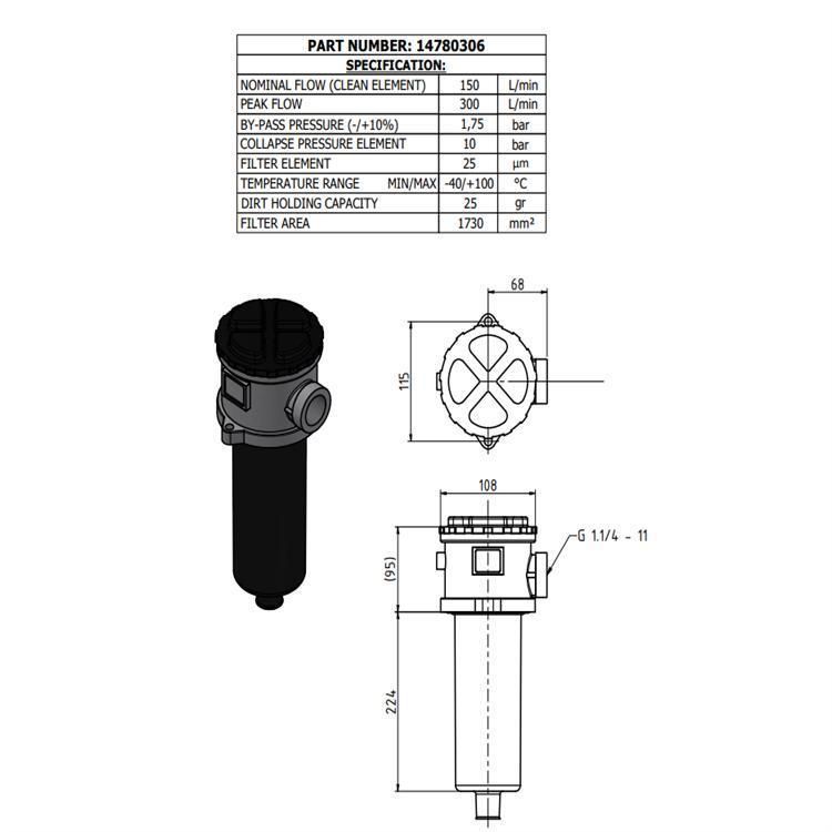 Truck Spare Parts Hydraulic Oil Filter Assy. 14780306 (224mm) for Dump Truck Hoist System