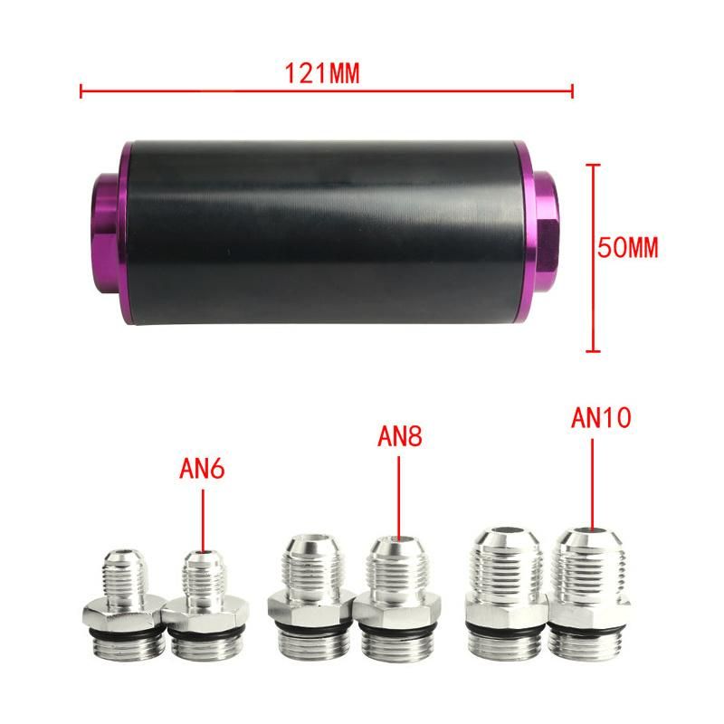 New Universal 50mm Aluminium Inline Fuel Filter with An6 An8 An10 Fittings for Racing Cars