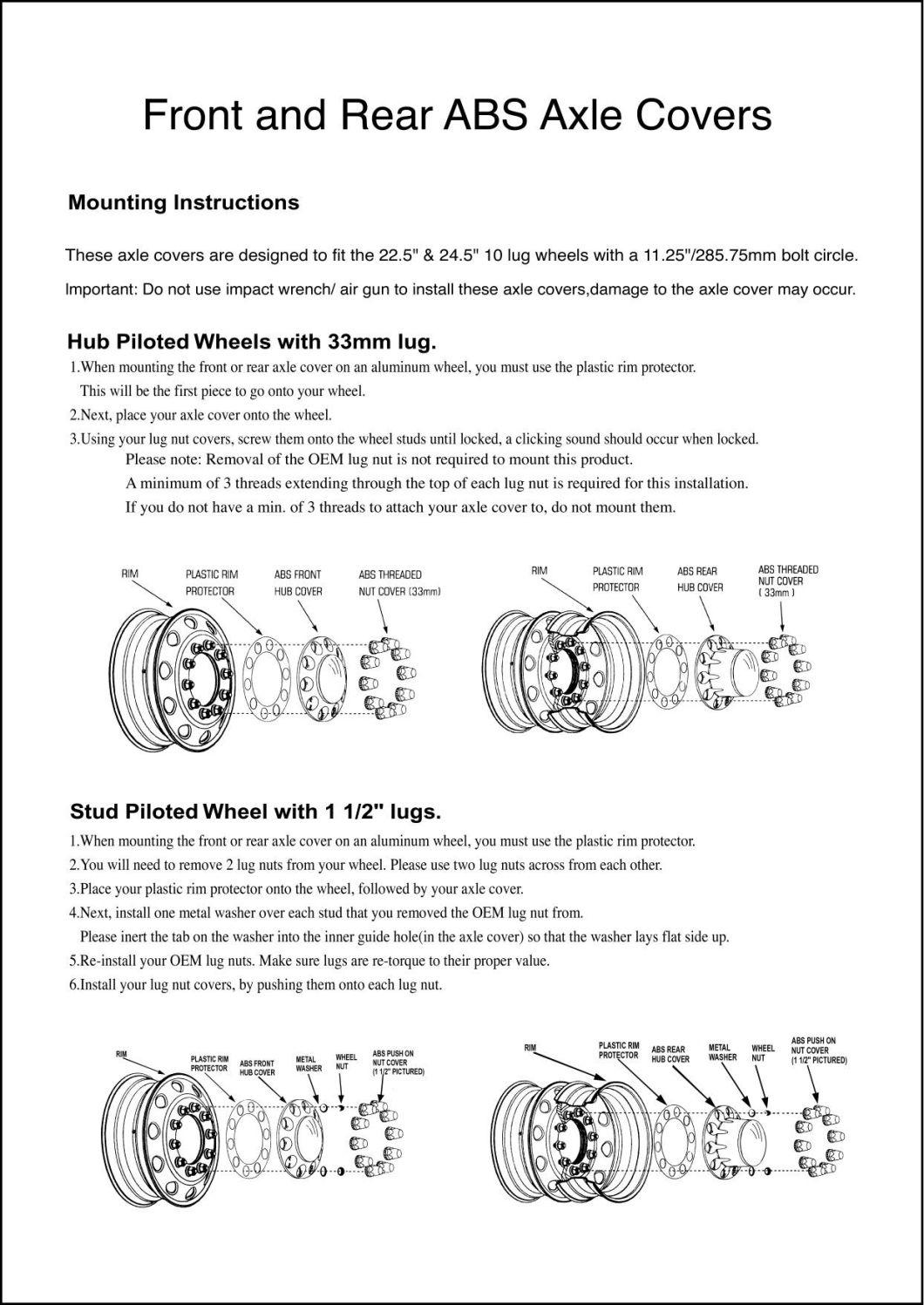 Truck Wheel Axle Cover Rear Axle Kit with Dome Hub Cap Suits Chrome Wheel Cover with 10 Stud PCD 22.5" PCD 285.75 for American Trucks