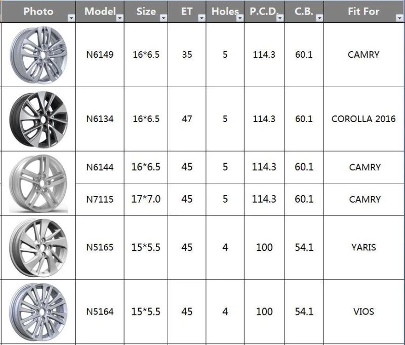 N6134 JXD Brand Auto Spare Parts Alloy Wheel Rim Replica Car Wheel for Toyota Carolla 2016