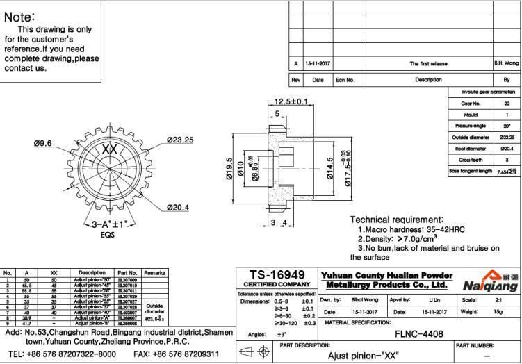 Powder Metallurgy 22-Teeth Adjust Pinion